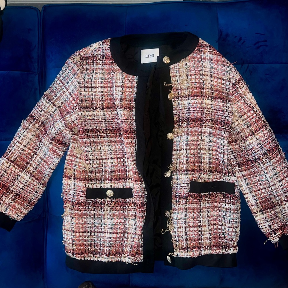LINI Multicolor Elegant Tweed Jacket Blazer Black Trim Gold Button